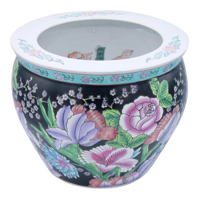 Mid 20th Century Asian Black Floral Koi Fish Ceramic Planter For Sale