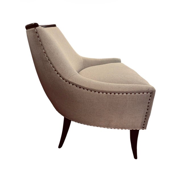 Custom Curved Barrel Upholstered Accent Chair in Neutral Check Fabric For Sale In Houston - Image 6 of 6