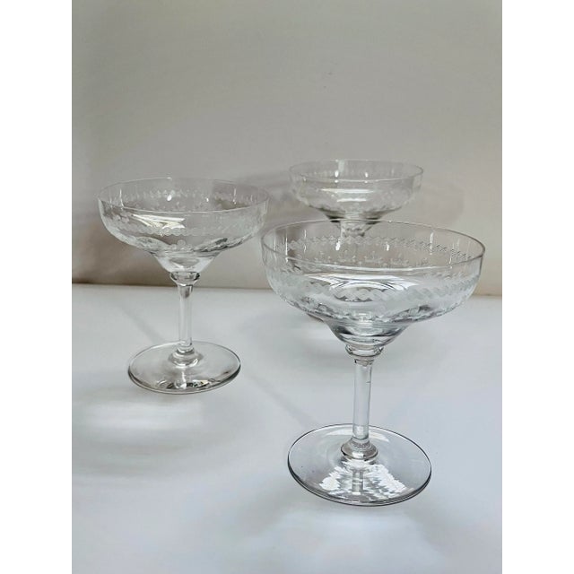 Art Nouveau Early 20th Century Bryce Etched Glass Champagne Saucers- Set of 3 For Sale - Image 3 of 7