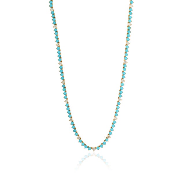 Metal 18k Yellow Gold 13.8ct Round Sleeping Beauty Turquoise & Diamond Tennis Necklace For Sale - Image 7 of 17