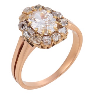 Early 20th Century Victorian Gia 1.01 Carat Diamond 14k Rose Gold Cluster Engagement Ring, Size 6.5 For Sale