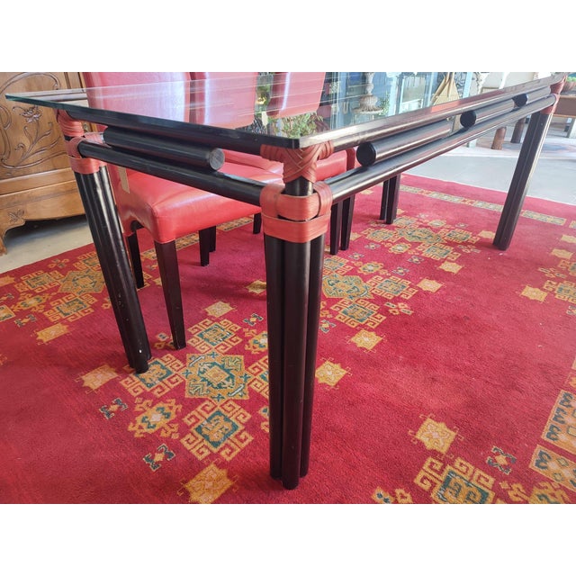 Black Lacquered Bamboo-Style Table with Glass Top and Red Leather Woven Straps, 1980s For Sale - Image 6 of 9