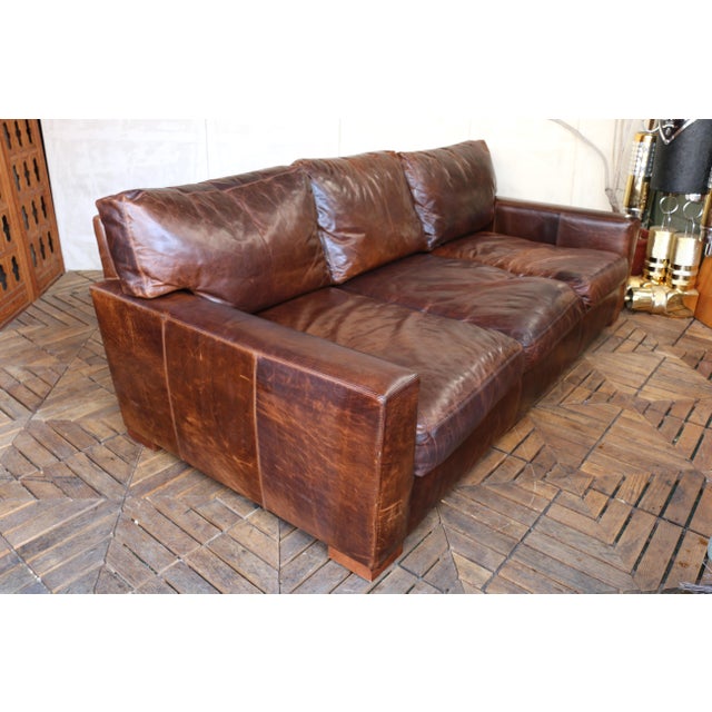 Early 21st Century Restoration Hardware Brown Leather Three-Seat Sofa With Patina For Sale - Image 5 of 18