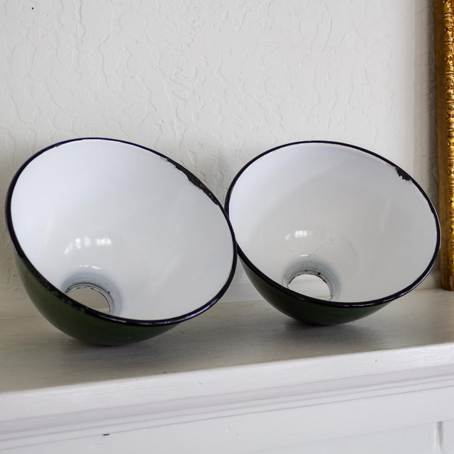 Early 20th Century Two Small Industrial Green and White Enamel Domed Factory Pendant Shades For Sale - Image 5 of 11