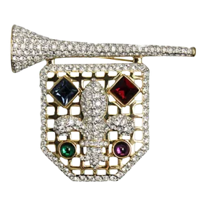 Large Swarovski Fleur-de-lis Shield and Trumpet Horn Flag Brooch