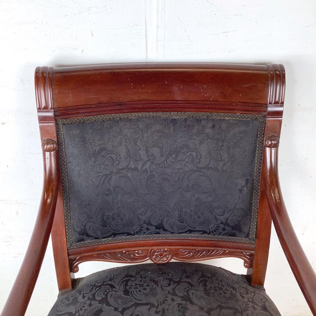 Wood Antique Empire Style Mahogany Armchair With Black Damask Upholstery For Sale - Image 7 of 12