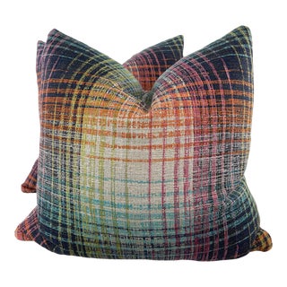 Woven Plaid in Multi 22" Pillows-A Pair For Sale