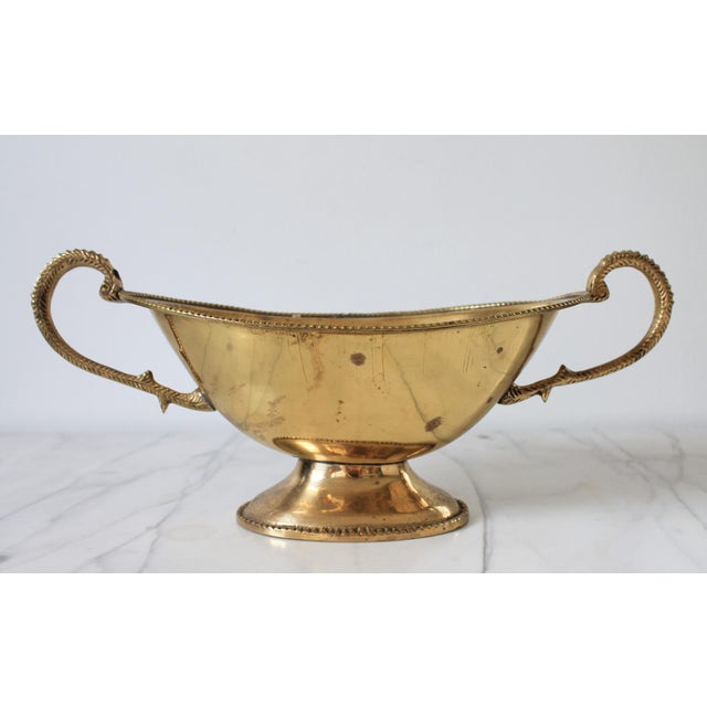 Hollywood Regency Vintage Oval Brass Pedestal Bowl W/ Ornate Handles For Sale - Image 3 of 12