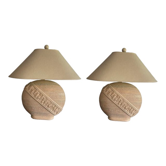 1980s Postmodern Oval Faux Tessellated Stone Lamps, a Pair For Sale