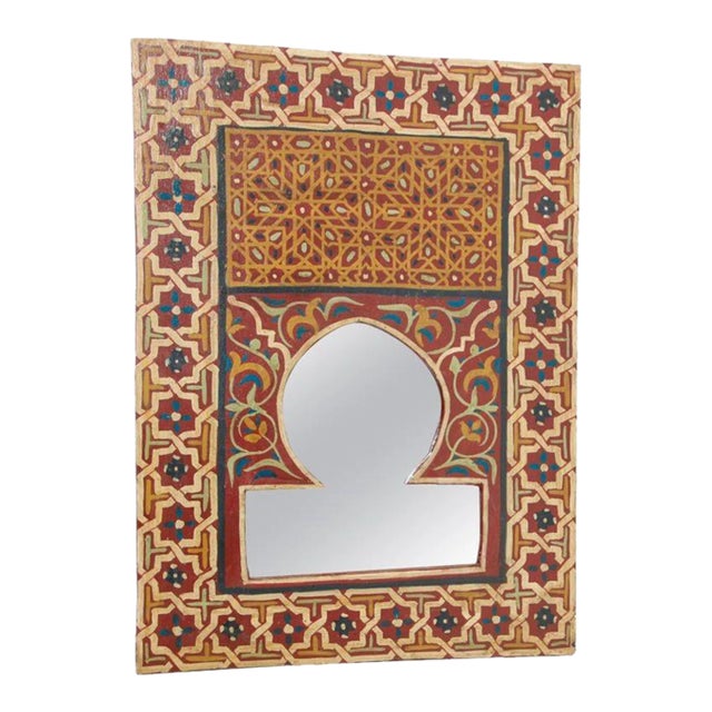 Vintage Moroccan Mirror Hand Painted With Red and Amber Moorish Design For Sale
