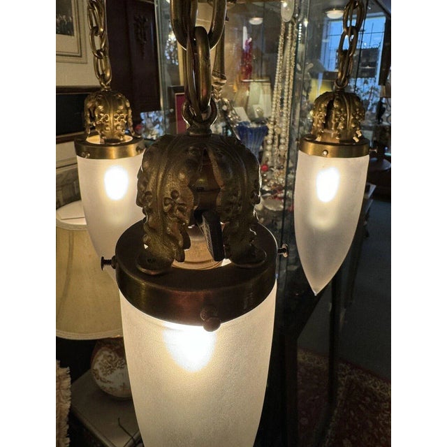 Antique Brass Three Light Tudor Revival Quatrefoil Pattern Chandelier For Sale In Minneapolis - Image 6 of 12