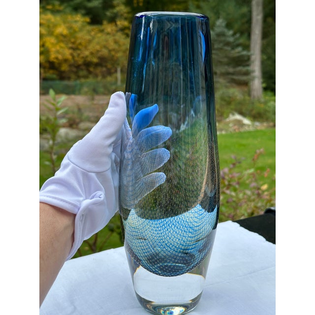 Blue Orrefors Kraka No. 322 Vase by Sven Palmqvist, 1950s Swedish Art Glass For Sale - Image 8 of 12