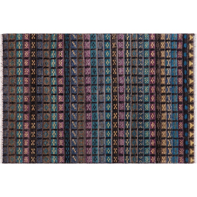 Black Boho Chic Black/Blue High Low Wool Rug - 2'10'' X 5'1'' For Sale - Image 8 of 8