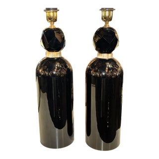 Pair of Black Murano Glass Cone Form Lamps For Sale