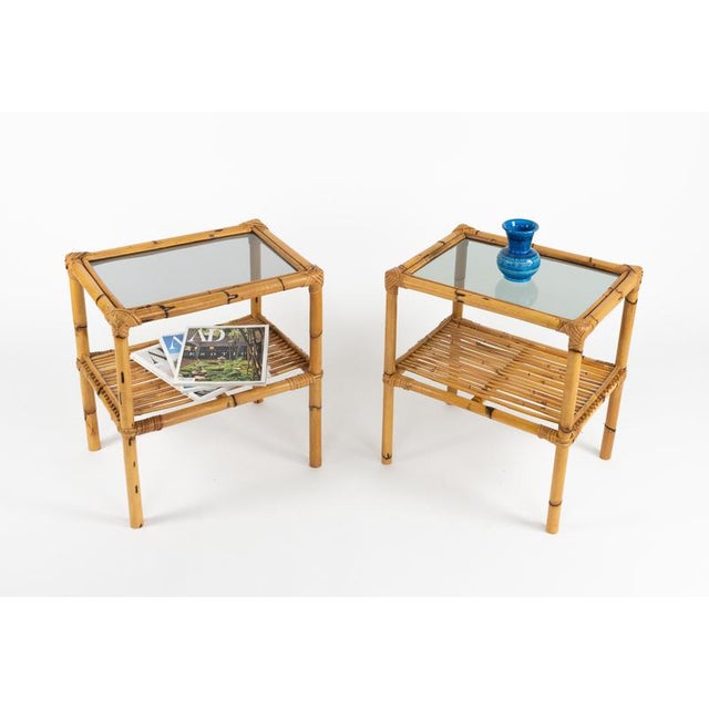 Mid-Century Side Tables in Rattan, Bamboo and Smoked Glass, Italy, 1970s, Set of 2 For Sale - Image 4 of 13