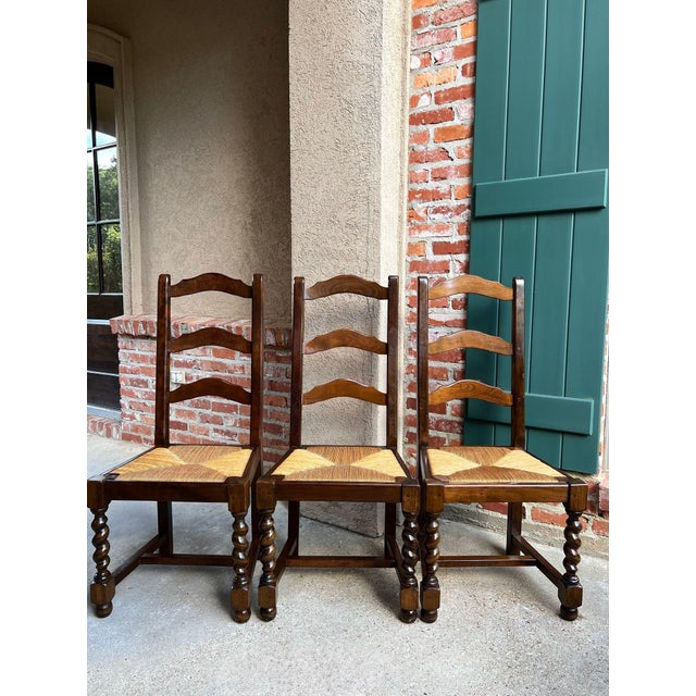 Vintage French Dining Chairs Set 6 Oak Barley Twist Rush Seat Ladder Back For Sale In Dallas - Image 6 of 18