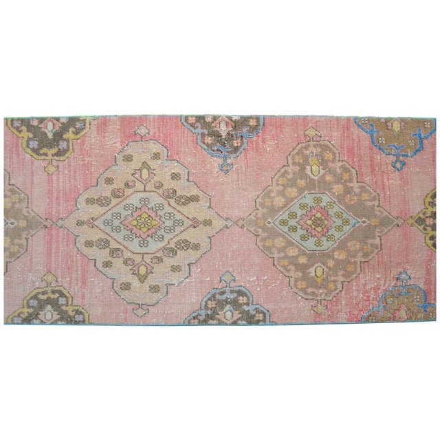 1960s Traditional Turkish Runner Hand Knotted Distressed Low Pile Pink Hallway Rug Kitchen Decor For Sale - Image 10 of 14
