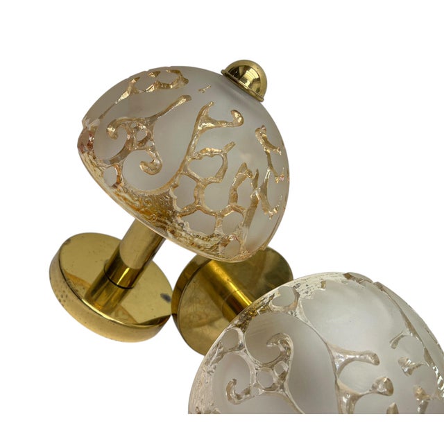 1970s Brass and Relief Glass Mushroom Table Lamps from Peill & Putzler, 1970s, Set of 2 For Sale - Image 5 of 12