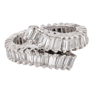 Vintage 3.5 Carat Baguette Cut Diamond Platinum Bypass Eternity Ring, Size 5 For Sale