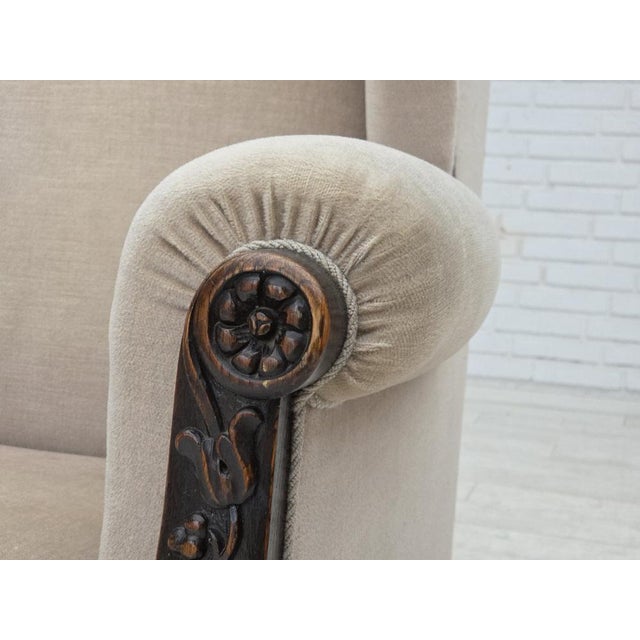 Mid-Century Modern Danish Wingback Armchair in Velour and Carved Oak, 1950s For Sale - Image 3 of 18