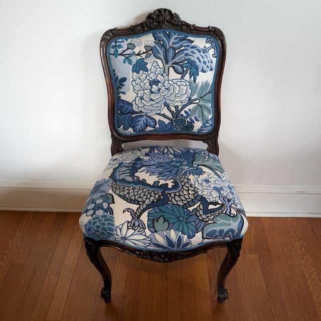 Wood Antique English Side Chair Freshly Upholstered in Schumacher Chiang Mai Dragon in China Blue For Sale - Image 7 of 12