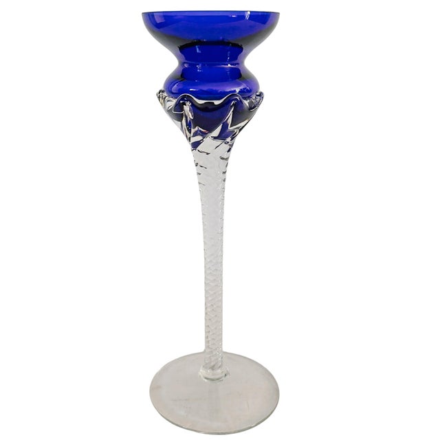 Vintage Romanian Cobalt Blue Hand-Blown Crystal Candlesticks With Twisted Stems – Set of 3 For Sale In San Diego - Image 6 of 9