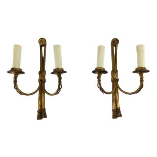 Vintage French Brass Wall Lights with Candles, Set of 2 For Sale