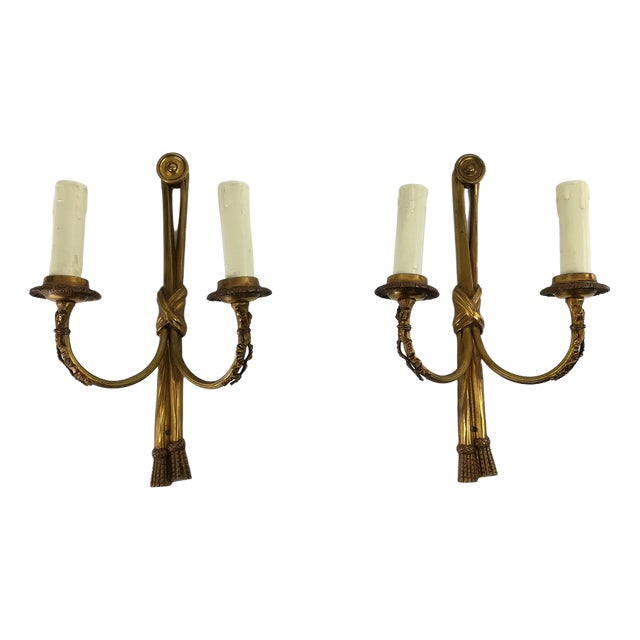 Vintage French Brass Wall Lights with Candles, Set of 2 For Sale