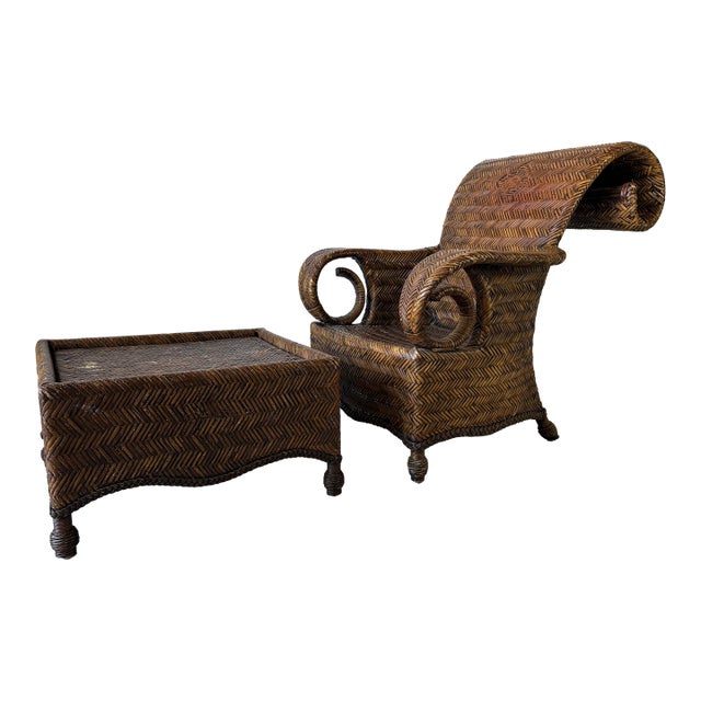 Vintage Coastal Organic Sculptural Tall Roll-Back Rattan Lounge Chair With Ottoman For Sale