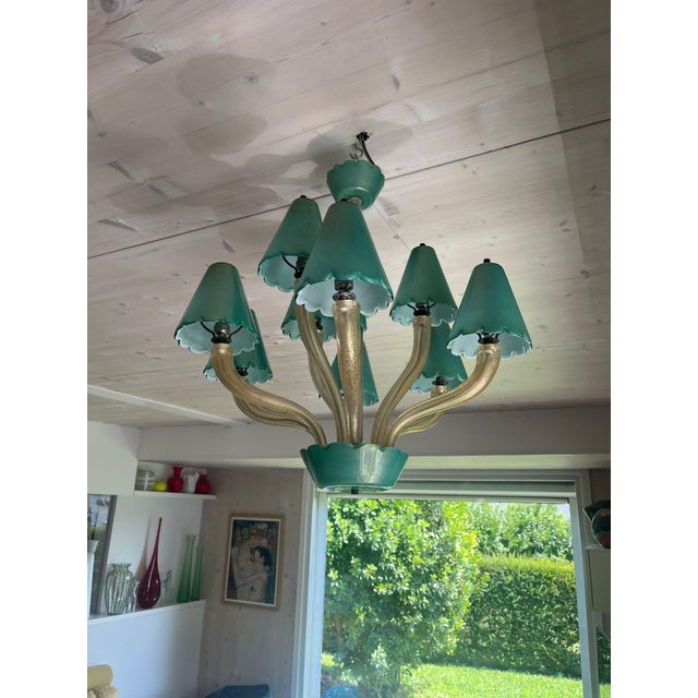 Glass Murano Chandelier with Green Gold Leaf 24K, 1960s For Sale - Image 7 of 11