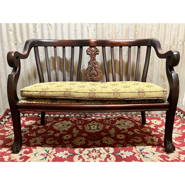 Exceptional early 20th-century S. Karpen & Bros. upholstered two-person settee, manufactured in Chicago with the firm’s...