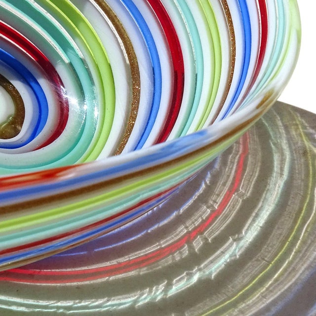 Mid 20th Century Vintage Murano Dino Martens Red Blue White Copper Aventurine Swirl Italian Art Glass Ribbons Dish Bowl For Sale - Image 5 of 11
