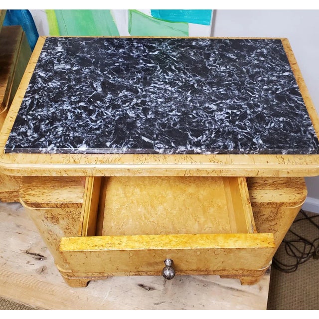 Brown Pair of Mid-Century Art Deco Style Birdseye Maple Nightstands With Marble Tops For Sale - Image 8 of 13
