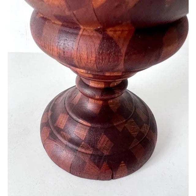 Folk Art Treenware Vase or Urn of Inlay Wood For Sale - Image 9 of 11