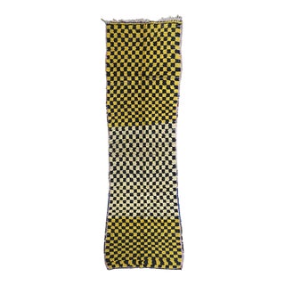 1980’s Moroccan Checkered Yellow Runner Rug - 10.6 X 3.1 Ft For Sale