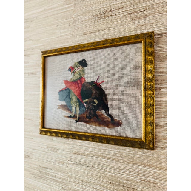Vintage Pair of Framed Bull Fighting Matador Needlepoints- Needlepoint Matadors For Sale - Image 6 of 8
