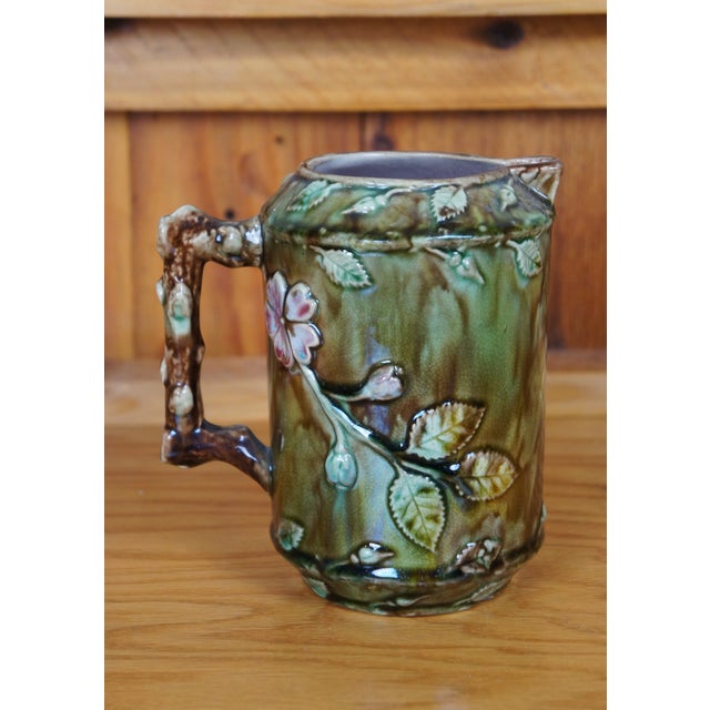 Antique Majolica French Barbotine Dog Rose Flower Blossom Water Pitcher Jug For Sale - Image 4 of 12