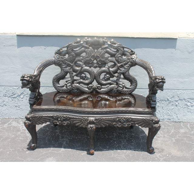 Early 20thc Ebonized and Carved Sitting Bench Chinoiserie For Sale - Image 13 of 13