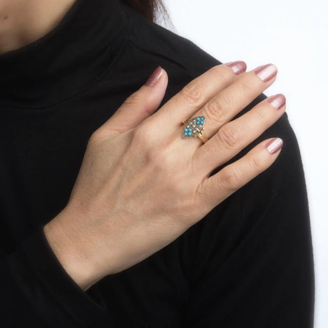 Late 19th Century Victorian circa 1896 Seed Pearl Turquoise Ring Vintage 15 Karat Yellow Gold size 9 For Sale - Image 5 of 6