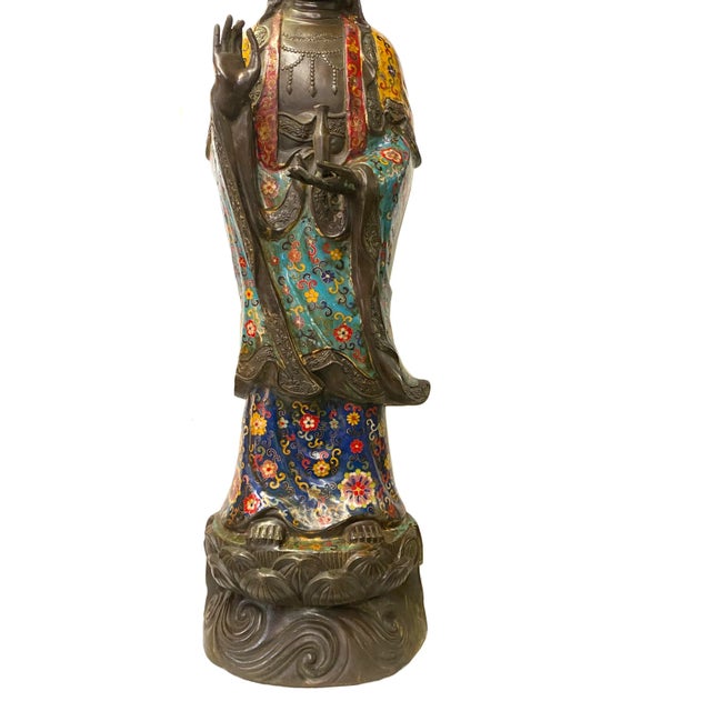 1950s Vintage Large Metal Blue Yellow Enamel Cloisonné Kwan Yin Statue For Sale - Image 5 of 9