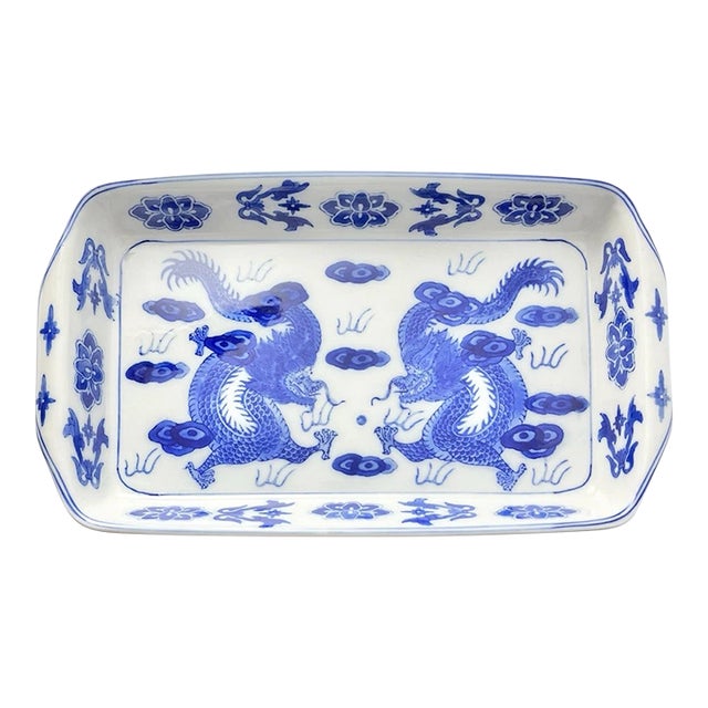 Vintage Asian-Style Blue White Double Dragon Porcelain Casserole Baking Dish For Sale