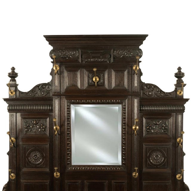 Wood Antique Monumental Renaissance Revival Carved Oak Hall Tree Stand Mirror 1890 For Sale - Image 7 of 14