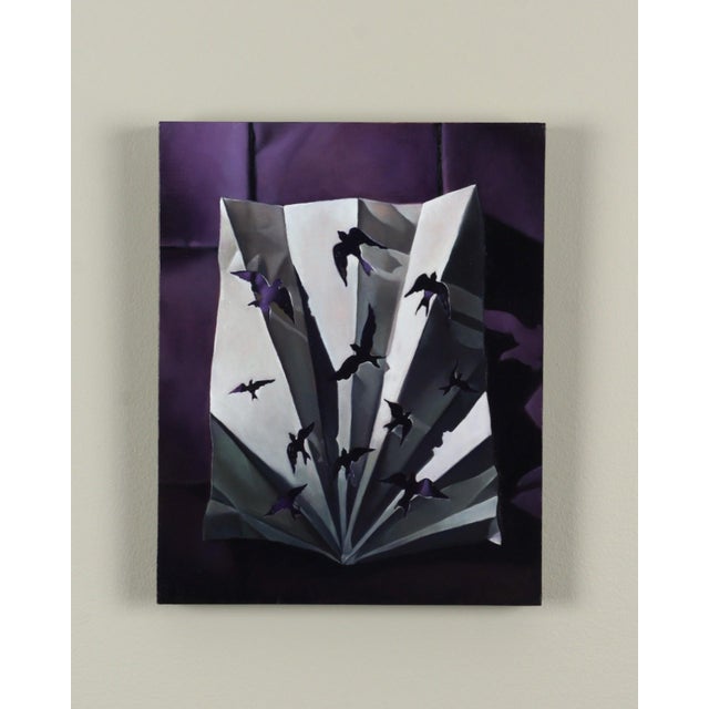 This artwork features a dynamic composition of birds in flight emerging from a sculptural, folded form that casts dramatic...