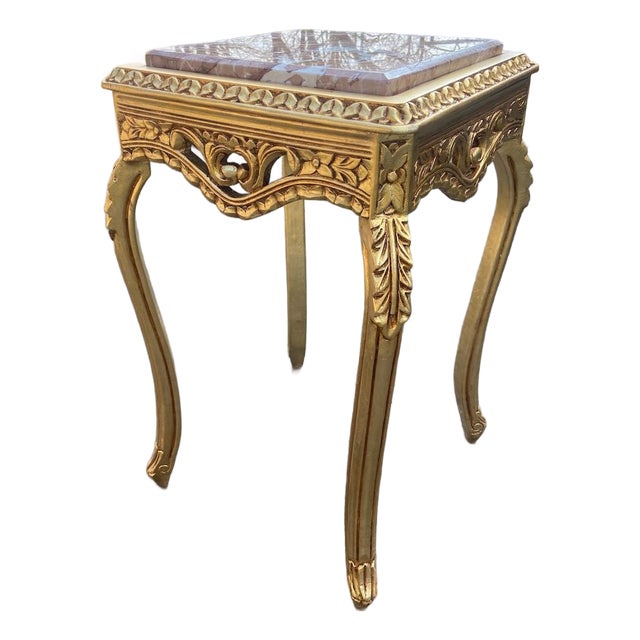 1990s French Louis XVI Gold Beech Pink Marble Side Table For Sale
