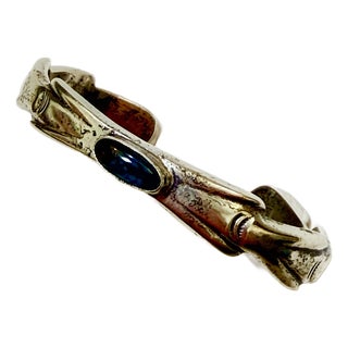 Vintage Southwestern Native American Style Sterling Silver Turquoise Cuff Bracelet – Hand-Chiseled Ingot Style For Sale