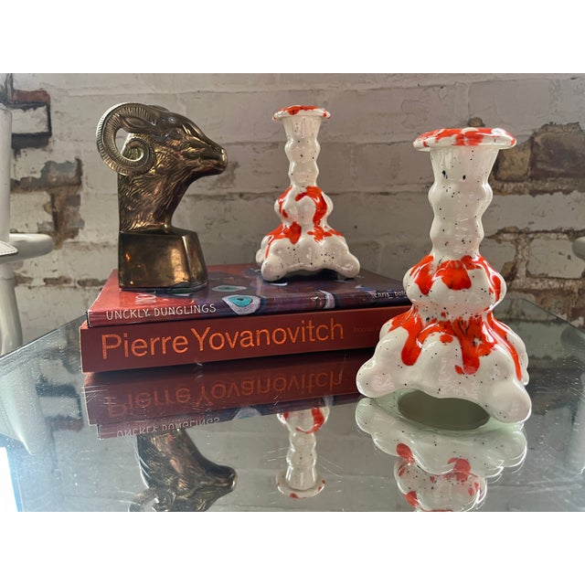 Pair of 1960s Orange Splatter Ceramic Candle Holders For Sale In Cincinnati - Image 6 of 9