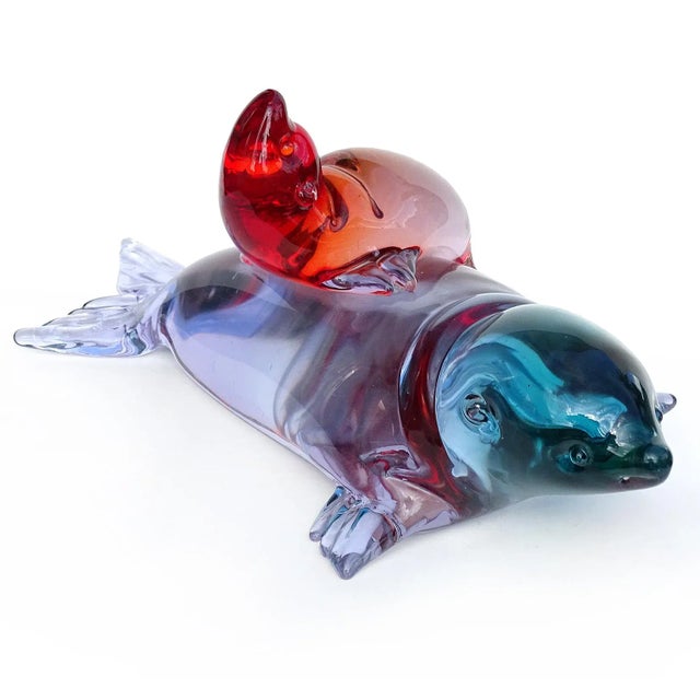 Vintage Murano Seguso Vetri d'Arte Sommerso Red Aqua Blue Purple Italian Art Glass Mom Baby Seals Sculpture For Sale In Orlando - Image 6 of 11