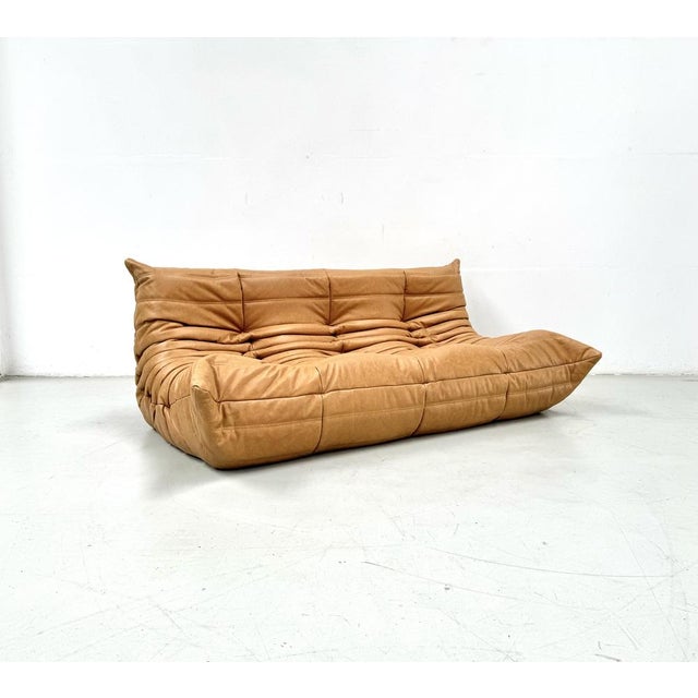 French 3-Seater Togo Sofa in Camel Leather attributed to Michel Ducaroy for Ligne Roset For Sale - Image 13 of 13