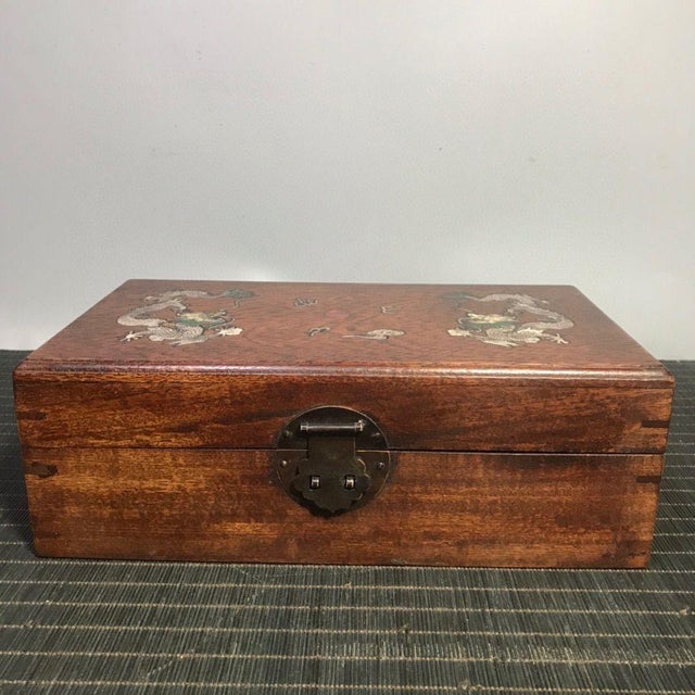 Vintage Chinese Rosewood Box With Mother of Pearl "Two Dragons" Inlay For Sale - Image 9 of 9