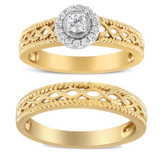 14K Yellow Gold Plated .925 Sterling Silver 1/5 Cttw Diamond Halo Engagement Ring and Wedding Band Set (I-J Color, I3 Clarity) - Size 5 For Sale